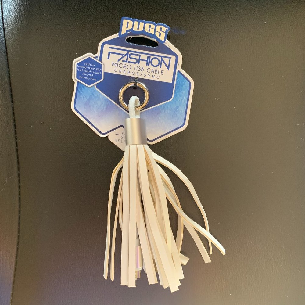 NEW PUGS white Micro USB Cable Charge & Sync Tassel clip - Samsung Sony Google